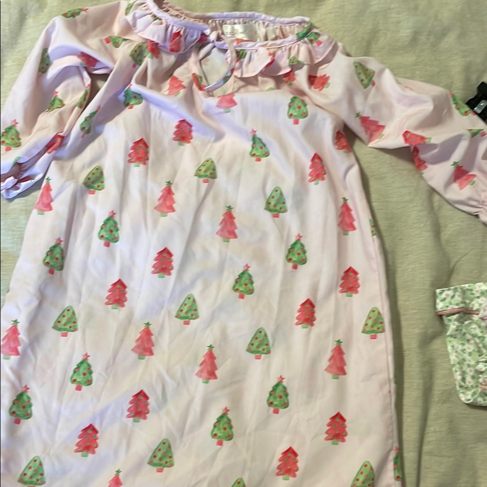 Pink and Green Nightgown with Festive Tree Pattern
